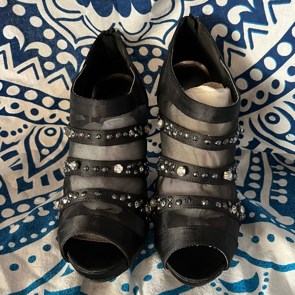 Worthington Rhinestone & Mesh Peep Toe Boot Heel - 9M Women | Color: Black